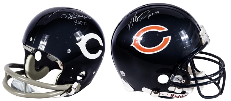 Lot of (2) Gale Sayers & Mike Singletary Single Signed & Inscribed Chicago Bears Helmets (Mounted Memories & Beckett)